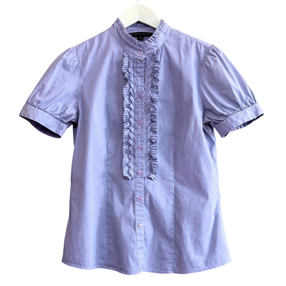 Antonio Melani Womens Ruffle Front Puff Sleeve Blouse Blue M Victorian Classic